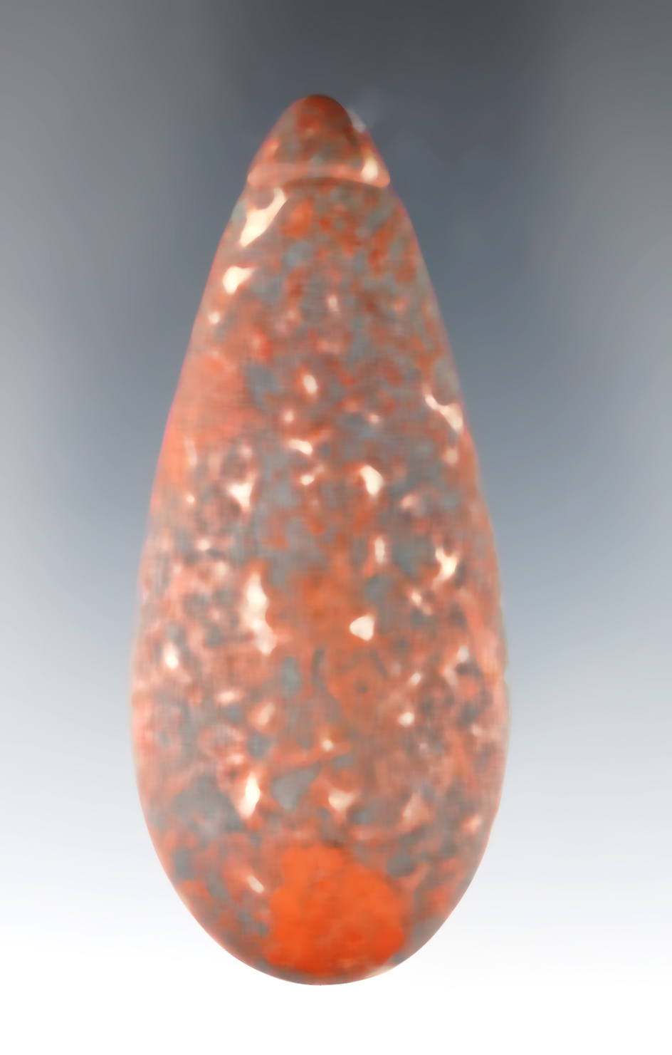 2 13/16" Plummet found in Logan Co., Ohio. Made from Hematite with unique white and red inclusions.