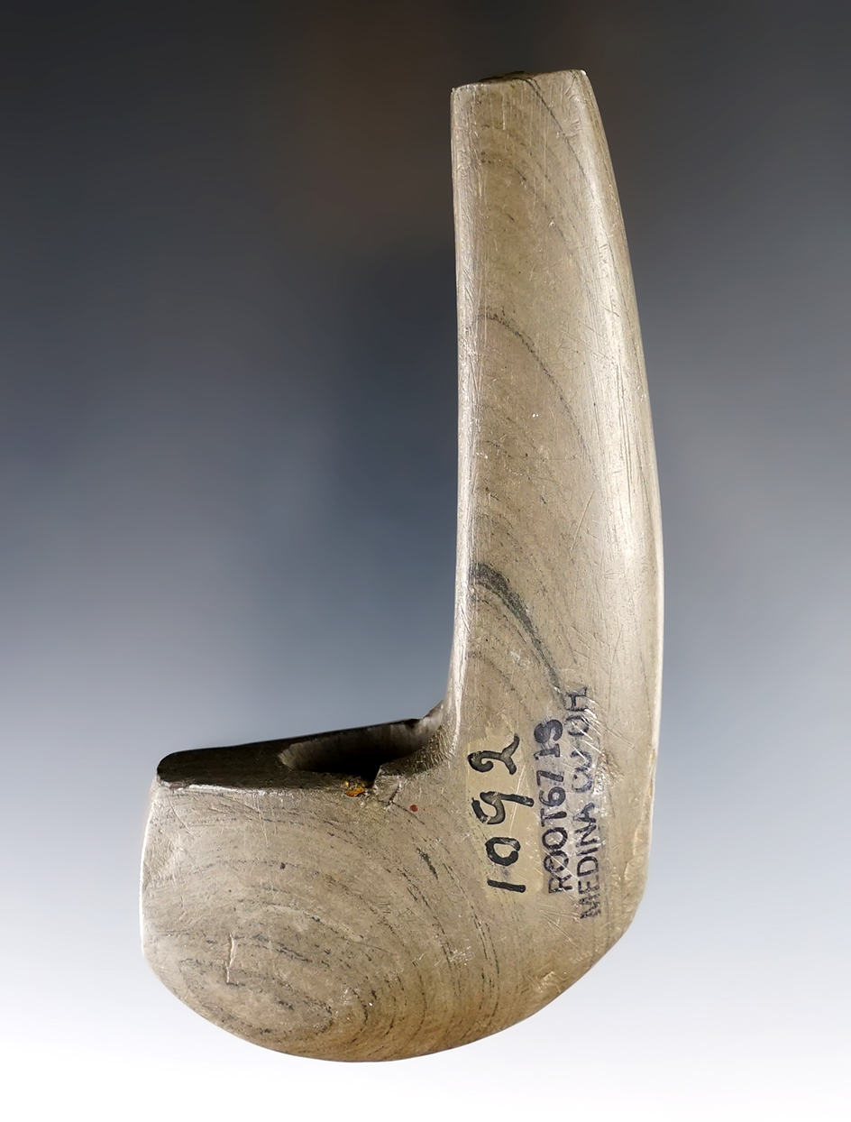 4 1/8" Archaic Geniculate made from green and black Banded Slate. Found in Medina Co., Ohio. 