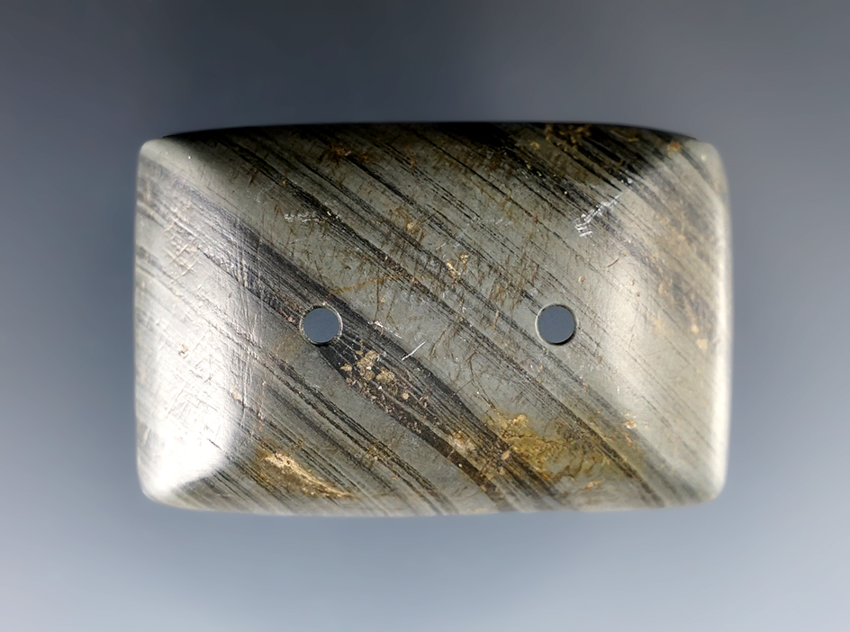 2" Adena Semi-Keeled Gorget made from green and black Banded Slate. Found in Ohio. 