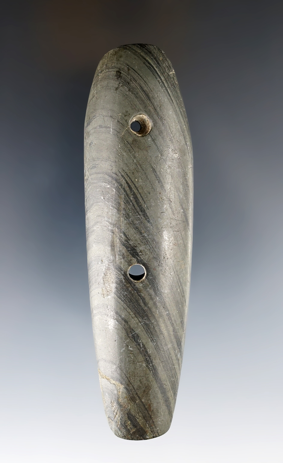 4 1/4" Glacial Kame Gorget made from green and black Banded Slate. Found in Miami Co., Ohio.