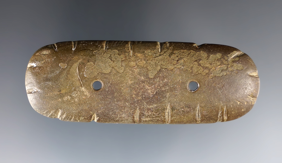 3 3/16" Hopewell Bar Gorget that is tallied and made from brown Slate. Found in Ohio.