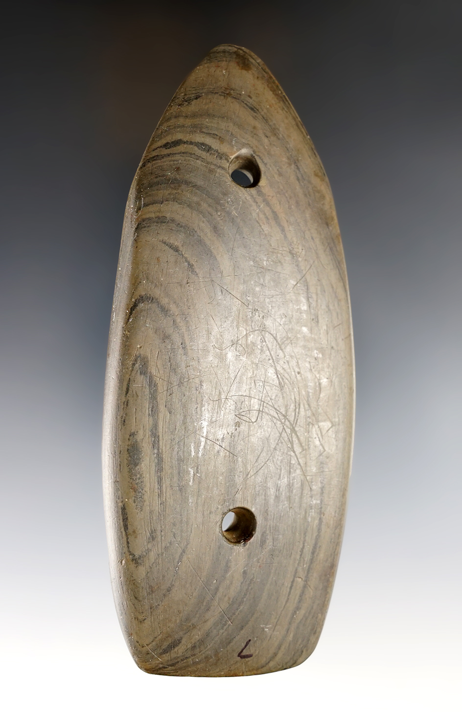 5 1/4" Glacial Kame Coffin Gorget found in Ashtabula Co., Ohio. Ex. George Demuth. Bennett COA. 