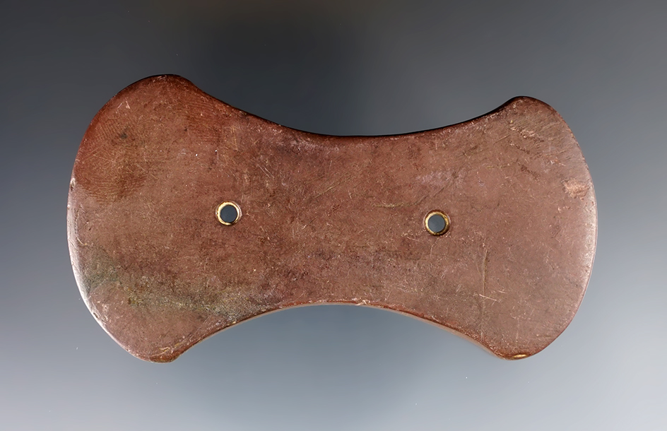 3 7/16" Adena Bi-Concave Gorget made from red and black  Slate, found in Ohio. Ex. Rex Carr.