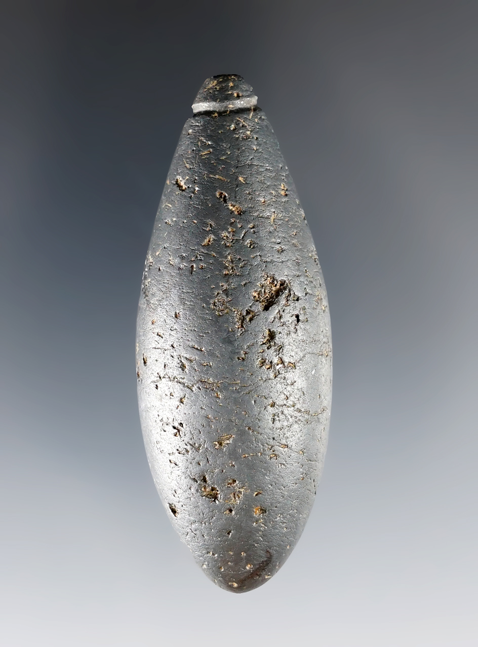 2 5/8" Woodland Plummet made from Hematite, found in Ohio. Ex. Zell Adams Collection.