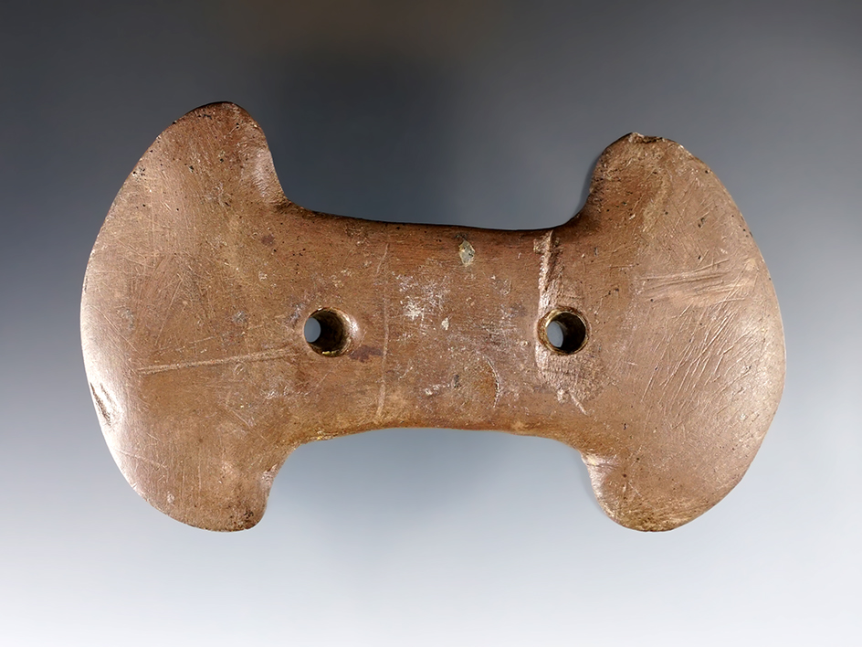 4 1/8" Glacial Kame Constricted Center Gorget made from red Slate. Found in Seneca Co., Ohio. 