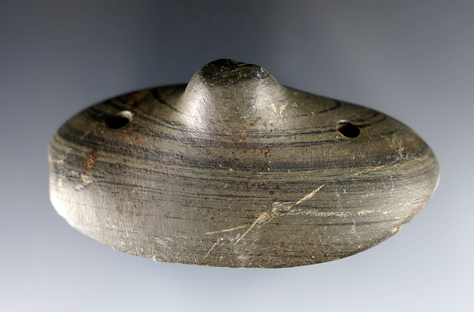 3 1/8" Glacial Kame Humped Gorget found in Huron Co., Ohio. Pictured in "Prehistoric American"!