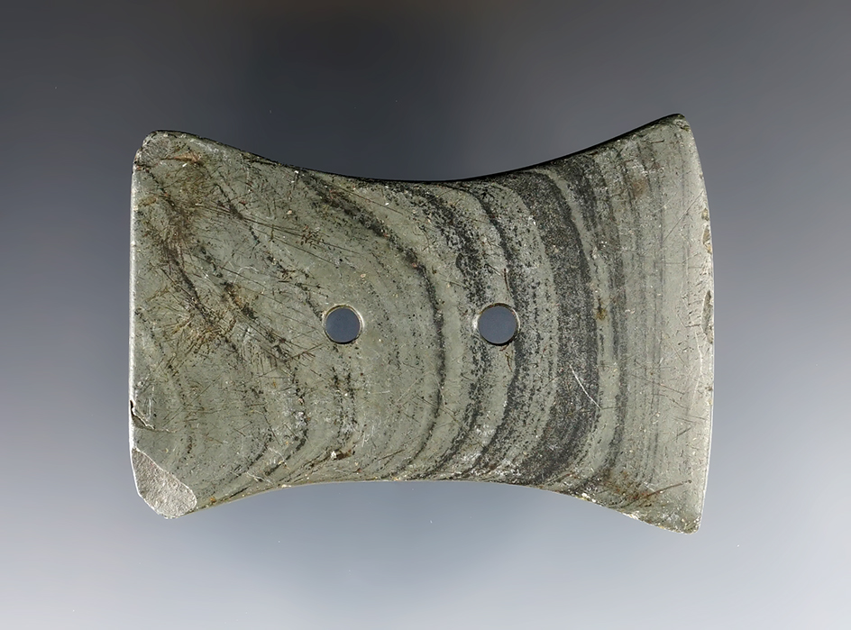 2 5/8" Adena Bi-Concave Gorget made from Banded Slate. Found in Noble Co., Indiana.