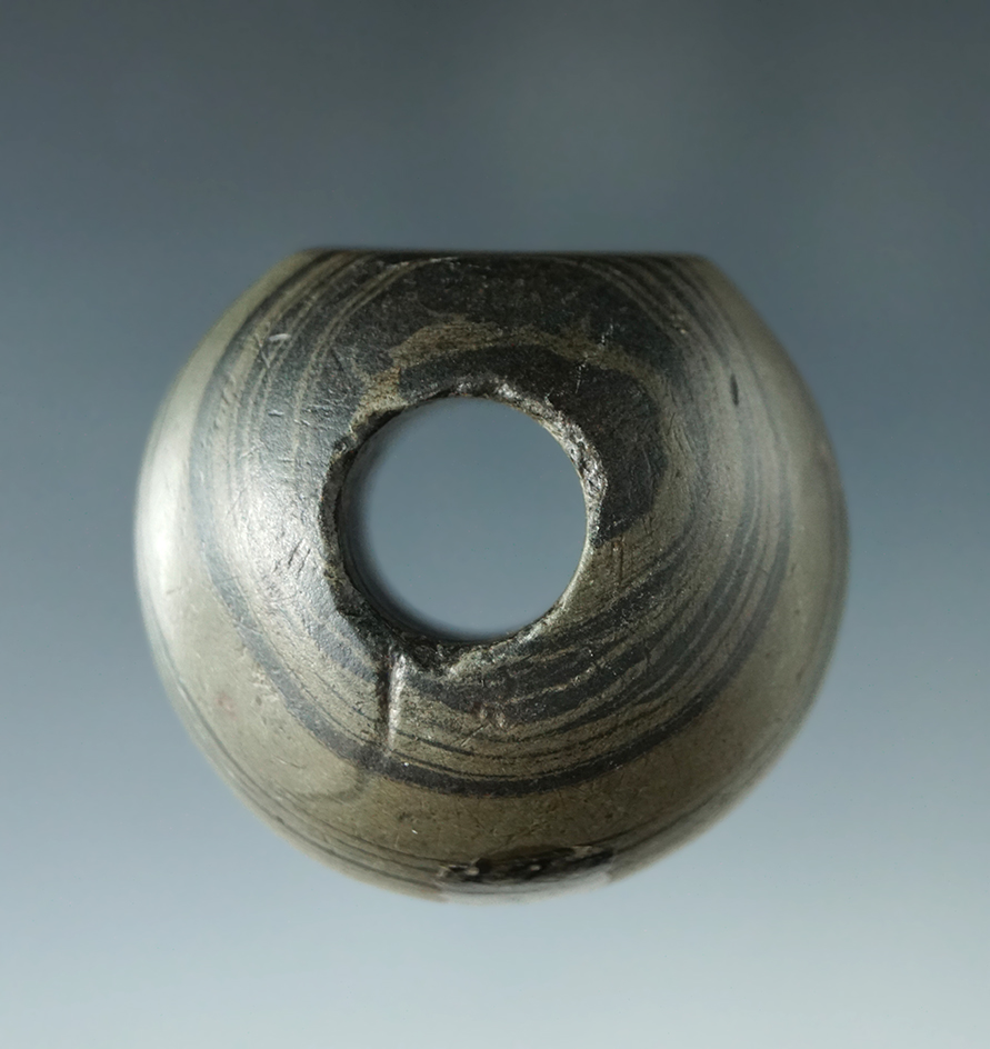 1 1/2" x 1 1/4" Fluted Ball Bannerstone - Thorn Twp., Perry Co., Ohio. Ex. Dr. Gordon Meuser.