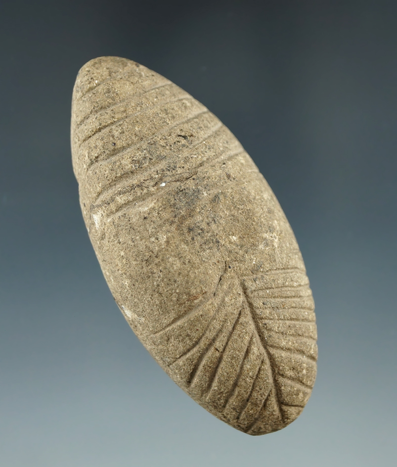 2 5/8" Highly Engraved Sandstone Bar Weight found in Huron Co., Ohio. Pictured. Ex. Hamlin, Bill Tie