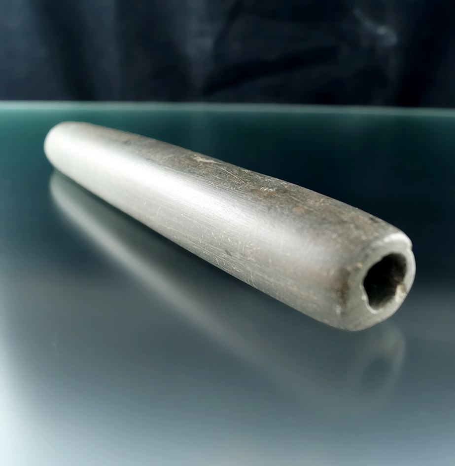 6 5/8" Tube Bannerstone/Tube Pipe in excellent condition, made from green and black Banded Slate.