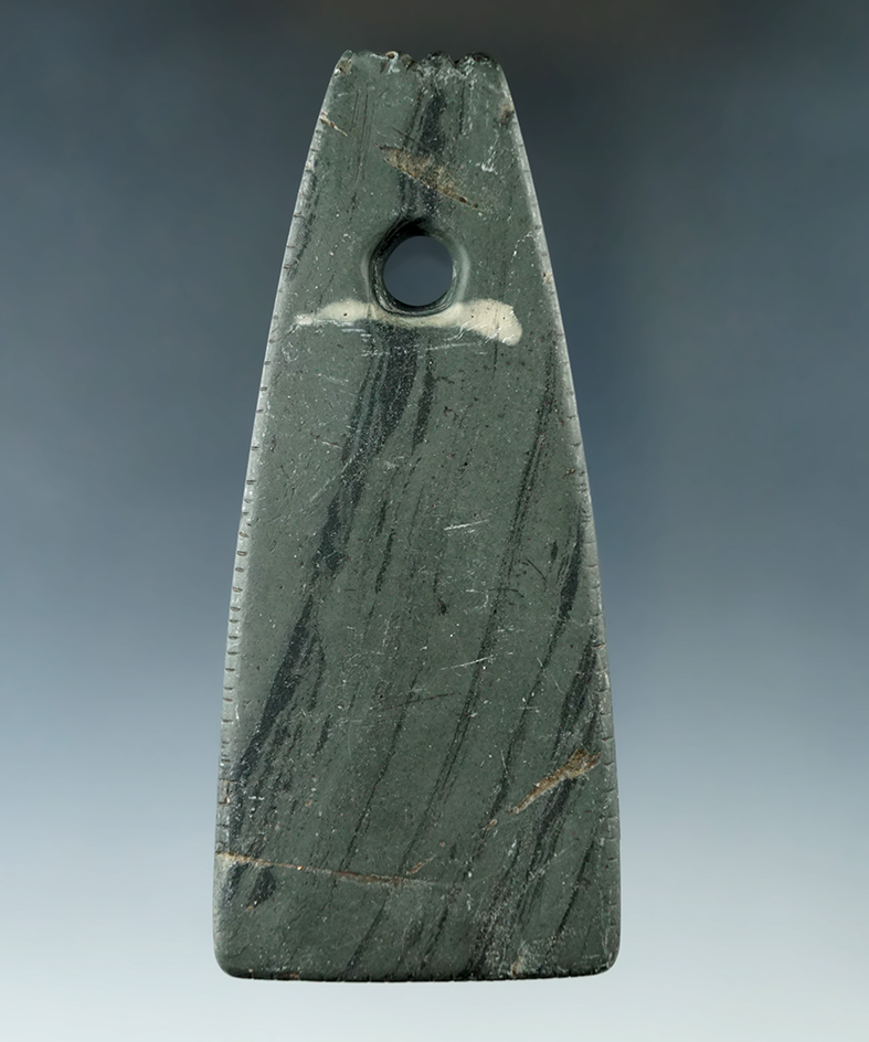 3 7/8" Tallied and fringed Trapezoidal Pendant found in Iroquois Co., Illinois. All edges are  talli