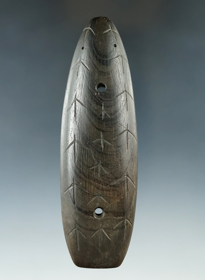 Unique 4 9/16" Glacial Kame Boat Shaped Gorget with incised bird tracks, eyes and a mouth, Ohio.