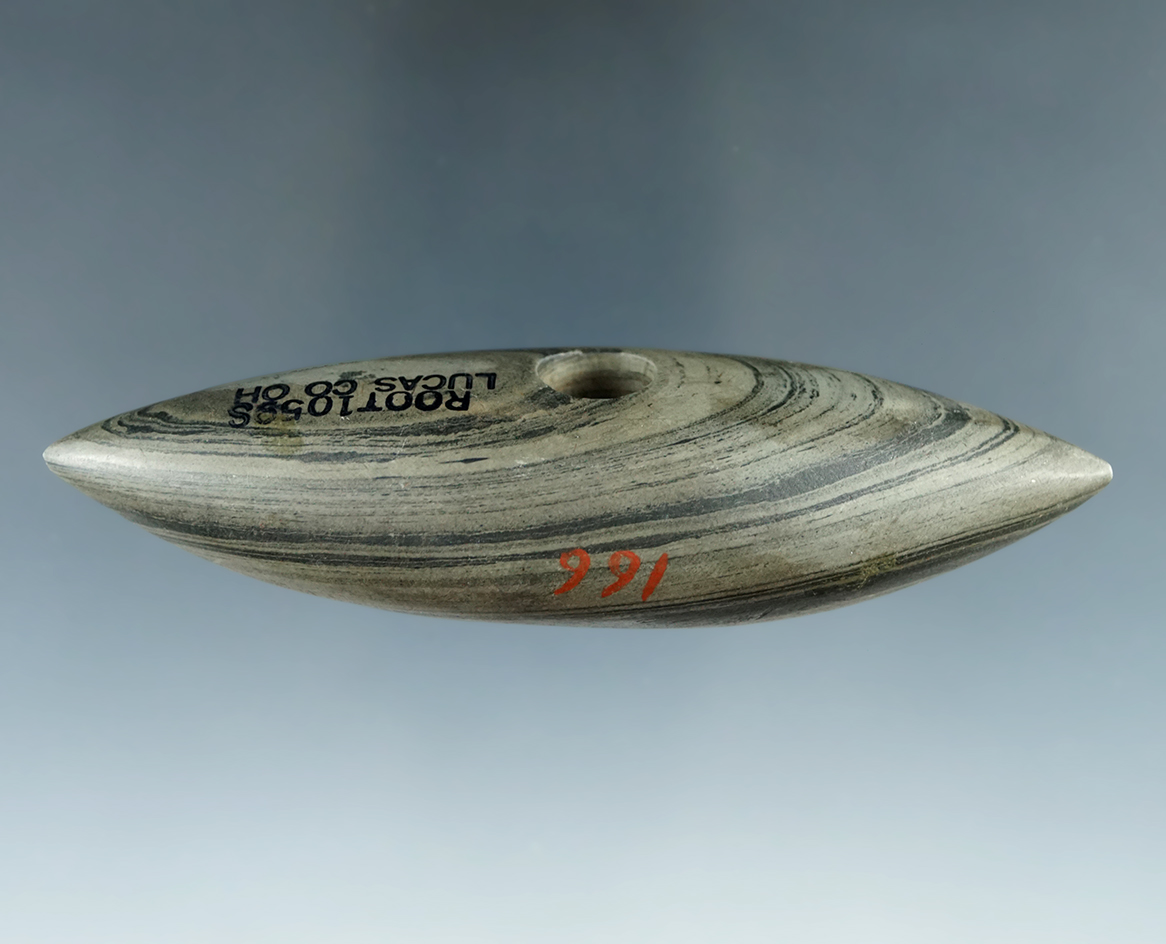 3 7/8" Archaic Pick Bannerstone made from green and black Banded Slate, found in Lucas Co., Ohio.