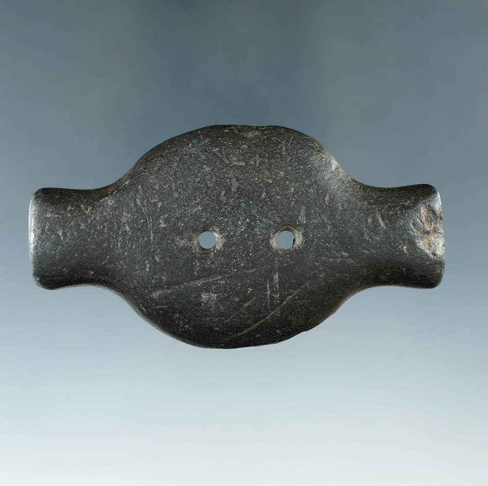 Uniquely styled 3 1/8" Hopewell Gorget- Hamilton Co., Ohio. Pictured 4 times!  Ex. Dr. Gordon Meuser