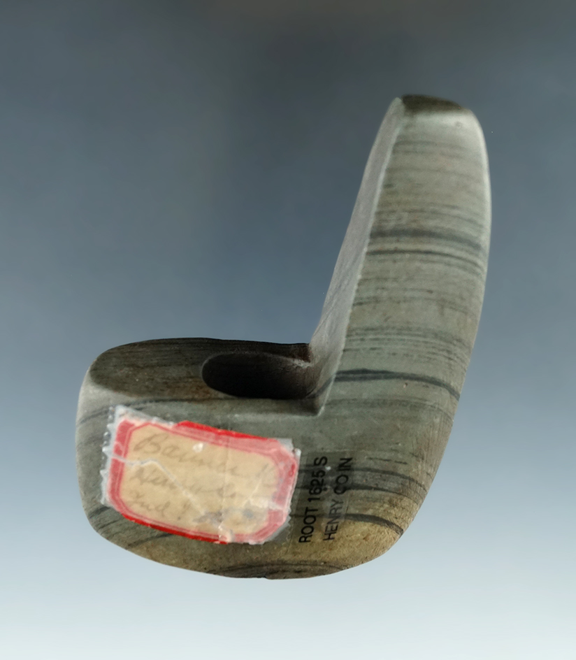 3 1/8" Archaic Geniculate made from green and black Banded Slate, found in Henry Co., Indiana.