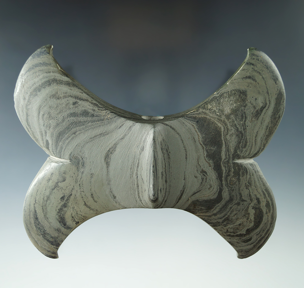 5 1/16" Archaic Double Crescent Bannerstone  some restoration to 3 of the wing tip areas. Pictured.