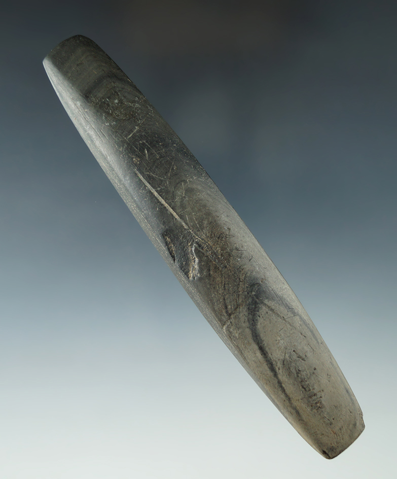 5 7/16" Archaic Elliptical Bar Weight made from green and black Banded Slate, Clermont Co., Ohio.