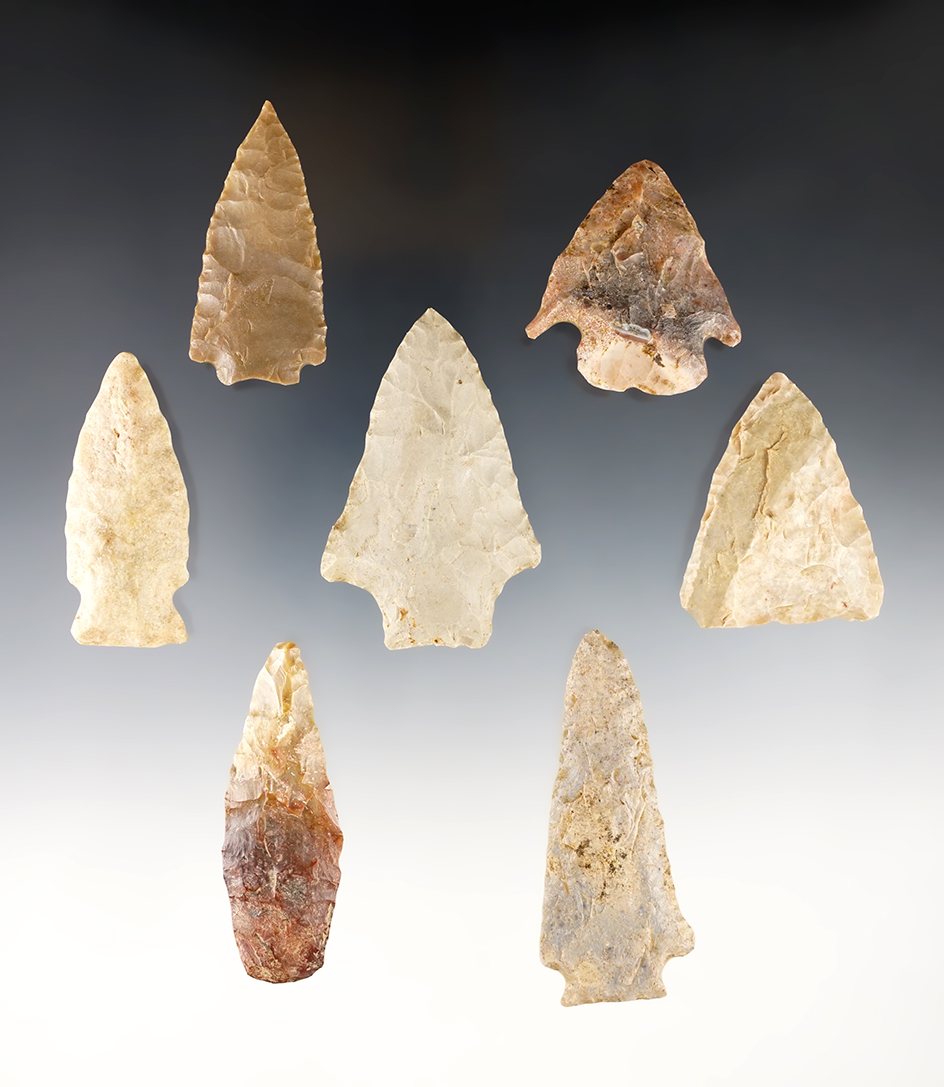 Set of seven assorted Midwestern Points and Knives. Largest is 2 5/8".