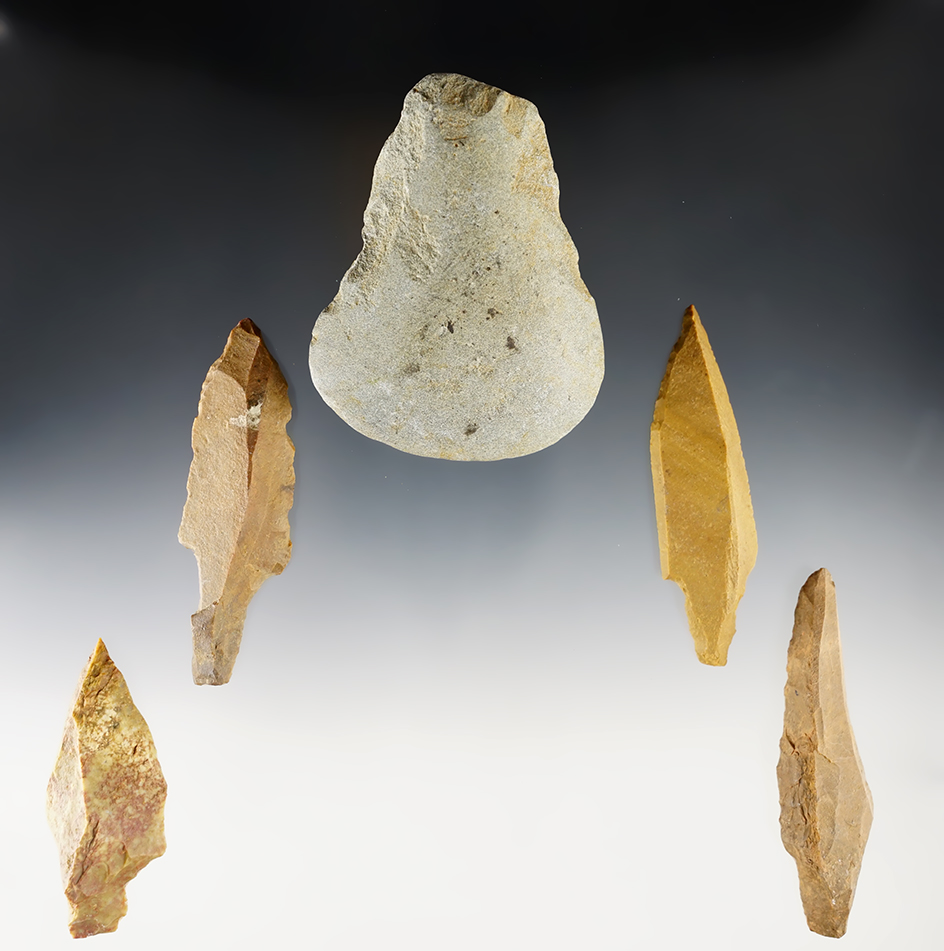 Set of 5 artifacts - 1 Axe and 4 Uniface Stemmed Points. Found in the Canal Zone of Panama. 