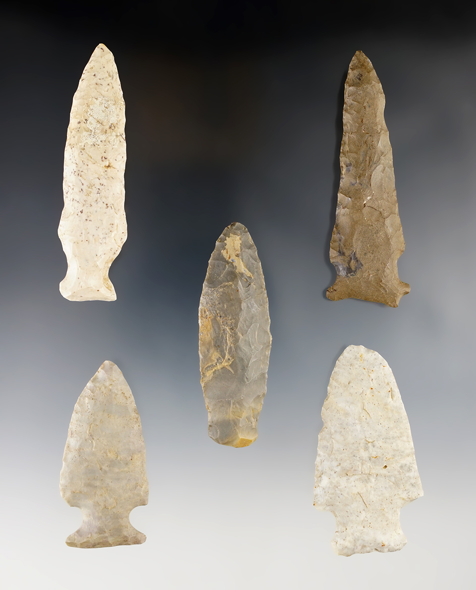 Set of five Flint Knives in nice condition, largest is 3 1/4". Wabash Co., Illinois. Ex. Clark family