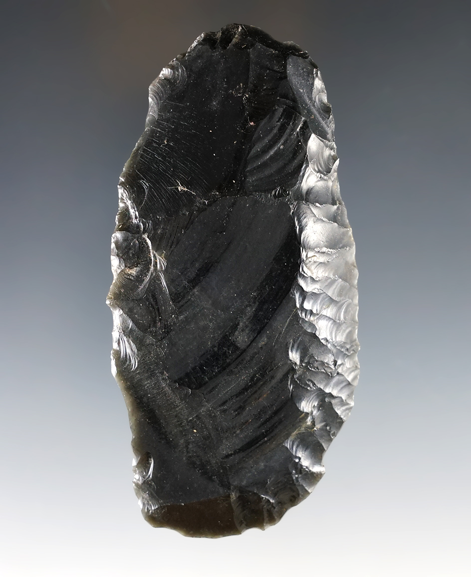 3 3/4" Obsidian Uniface Knife with beautiful flaking. Malheur Co., Oregon on the Crowley Ranch.