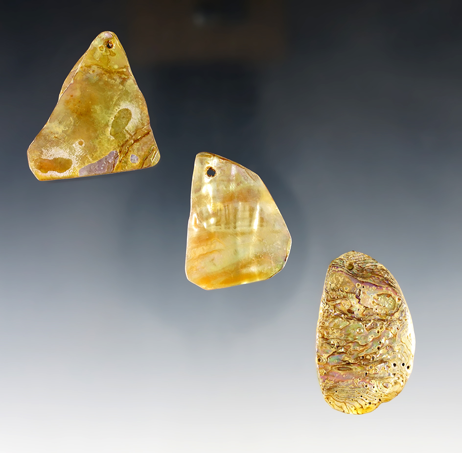 Set of three abalone shell Pendants found in Colusa County California. Largest is 1 11/16".