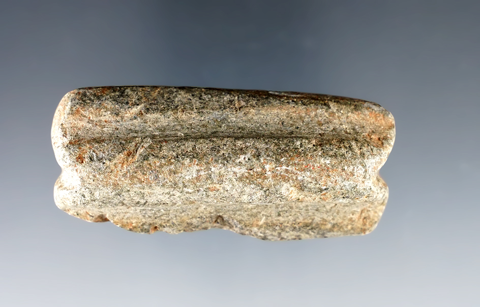 2 5/8" Ridged Elliptical Atlatl Tie-On weight with end grooves. Steatite. Piedmont, South Carolina.