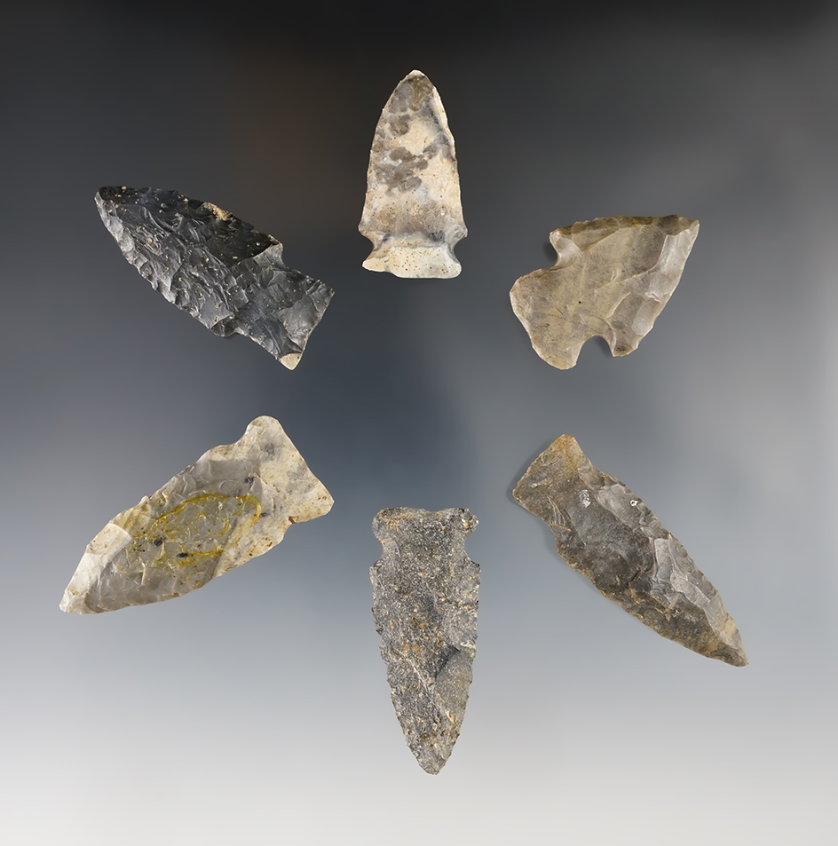 Set of six assorted Points, the largest is 2 1/4". Found in Wabash Co., Illinois. Ex. Clark family.
