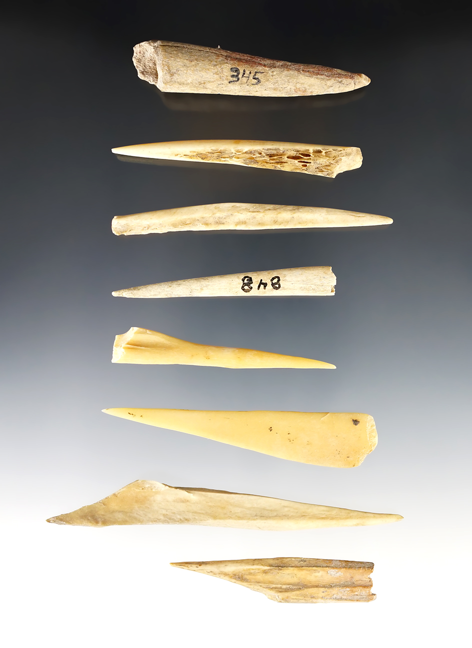 Set of 8 assorted Bone Tools found in the Midwest. The largest is 3 15/16".