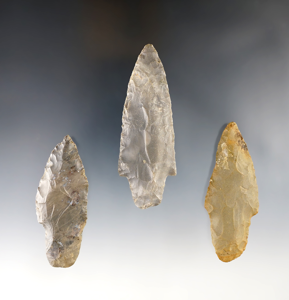 Set of three nice Hornstone Adenas in good condition. Largest is 3 3/8". Wabash Co., Illinois. 