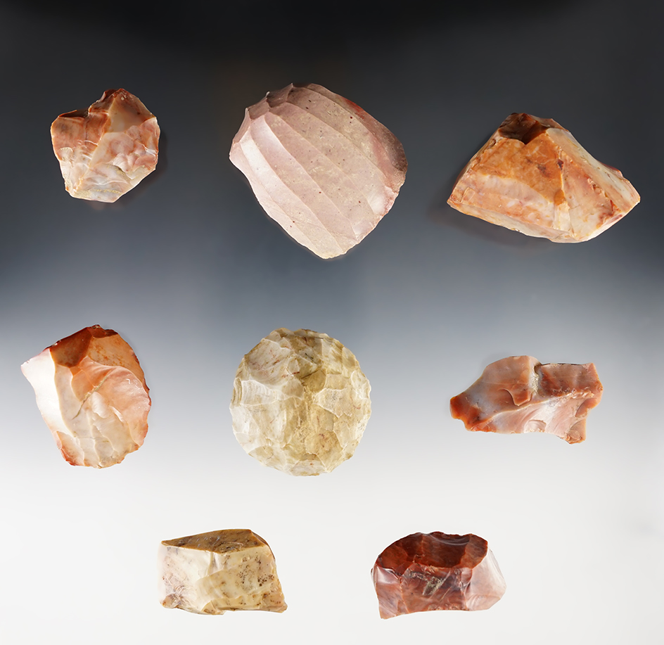 Set of 7 colorful Cores made from Flint Ridge Flint. The largest is 2 1/16".