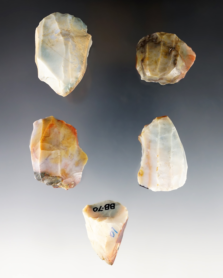 Group of five beautifully colored Hopewell Cores made from Flint Ridge Flint - Licking Co., Ohio