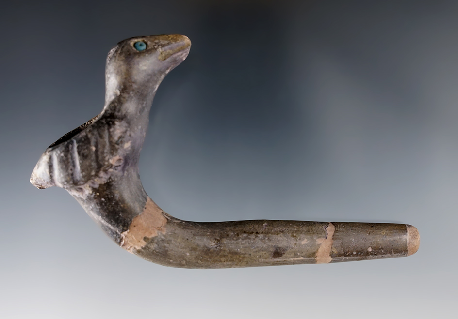 4 1/2" long Bird Effigy Clay Iroquois Pipe. Stem has 3 spots of restoration. - Great Gully Site, NY.