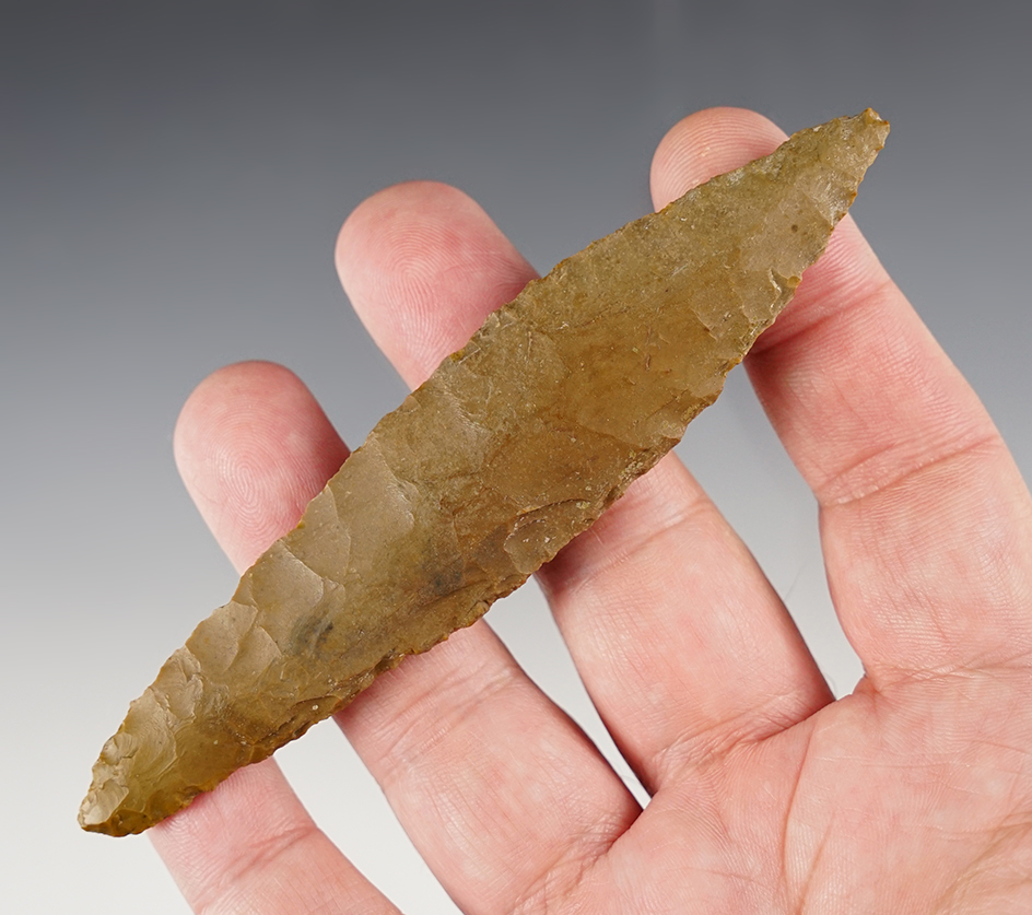 4 5/8" Haskett. Found in 1968 by Bob Wilson in Klamath Co., Oregon. Comes with a Stermer COA.