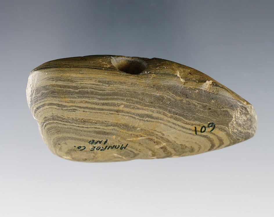 3 5/16" Bannerstone found in Monroe Co., Indiana. Made from a nicely Banded Slate.