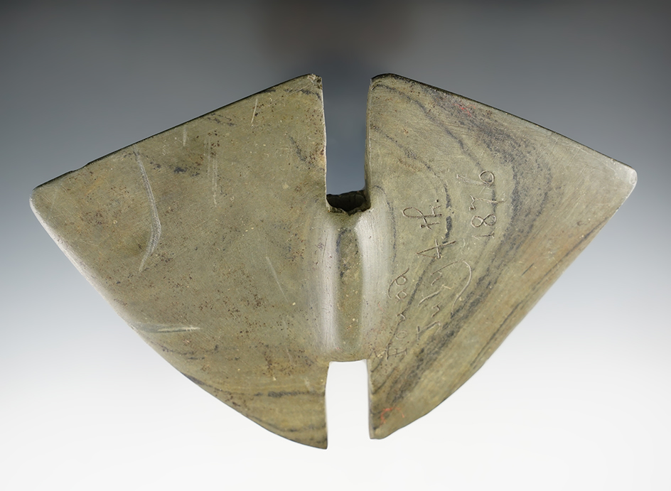 4 7/8" Archaic Double Notched Wing Bannerstone found in Indiana. Finder engraved on one side.