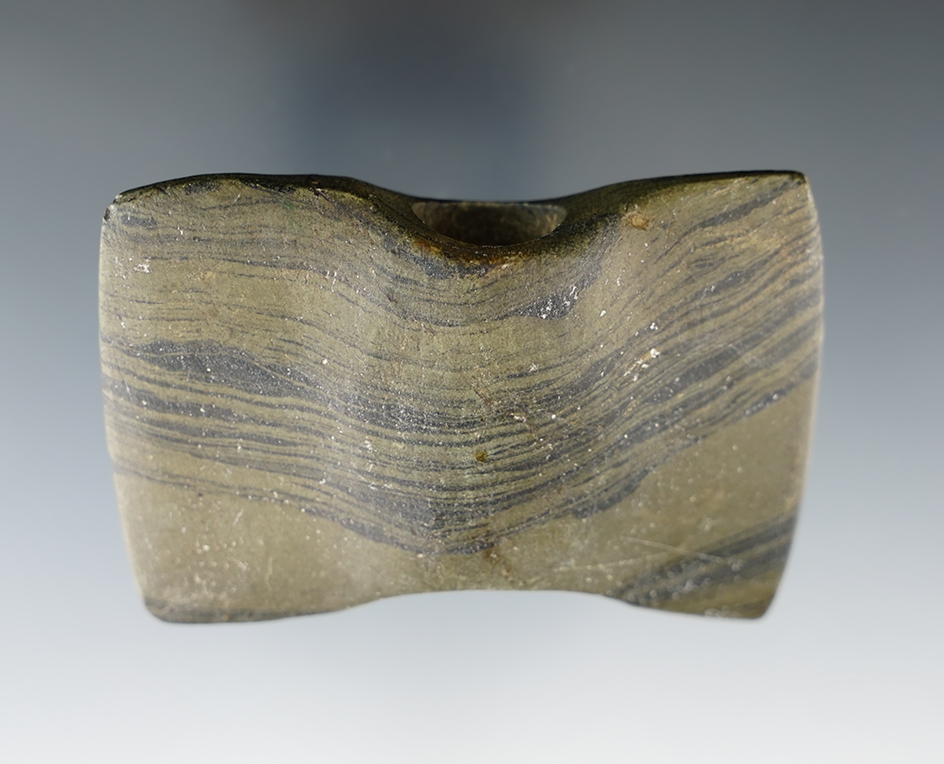 2 15/16" Archaic Bowtie Bannerstone found in Lenawee Co., Michigan.