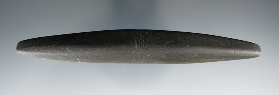 6 1/8" Archaic Bar Weight made from black Slate, found in Marion Co., Ohio. Ex. Eugene Hirzel.