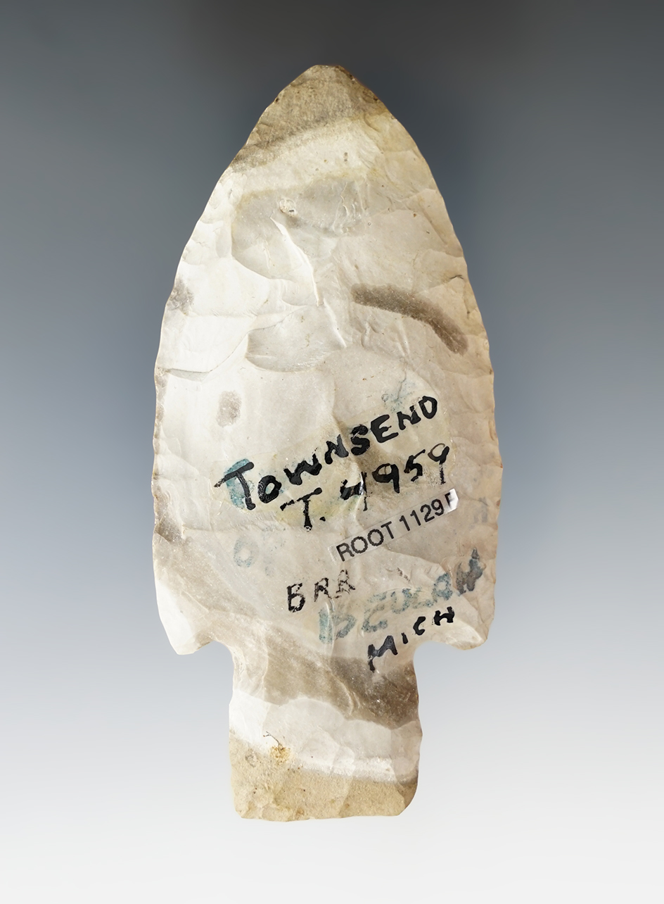 3 5/8" Adena made from Bayport Chert.  Benzoia Twp., Benzie Co., Michigan. Ex. Earl Townsend.