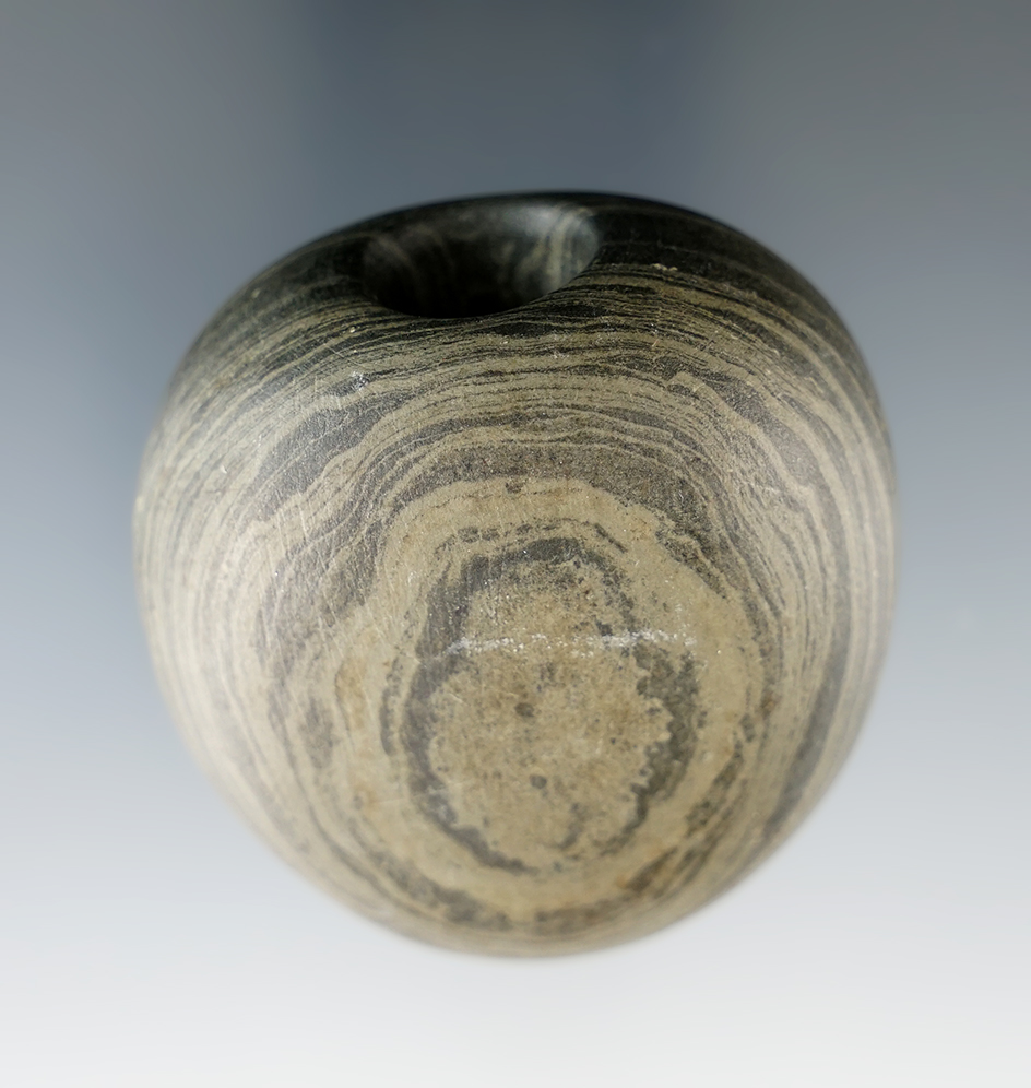 2" Archaic Ball Bannerstone made from green and black Banded Slate. Found in Clark Co., Ohio.