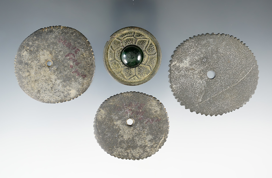 Set of 3 Tallied Perforated Slate Discs and one European Button. , Branch Co., Michigan. Ex. Snyder
