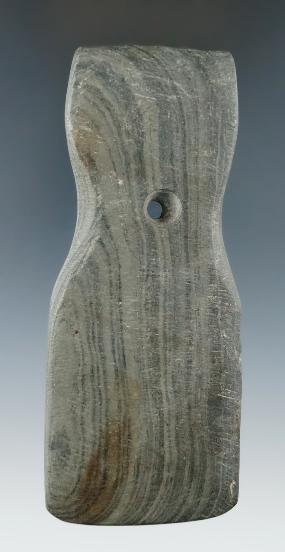 4 1/2" Shovel Pendant made from Banded Slate, found in Branch Co., Michigan. Ex. Dr. David Anderson.