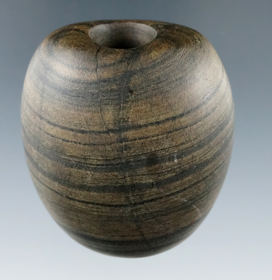 2 1/8" x 1 7/8" Archaic Ball Bannerstone - Pickaway Co., Ohio by Mr. Abernathy. Pictured in Ohio Arc