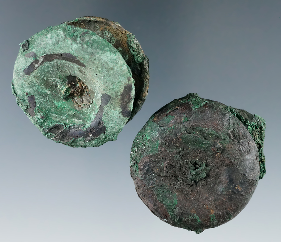 Exceptionally rare pair of Hopewell Copper Ear Spools found in Ross Co., Ohio.Ex. Raymond Vietzen.