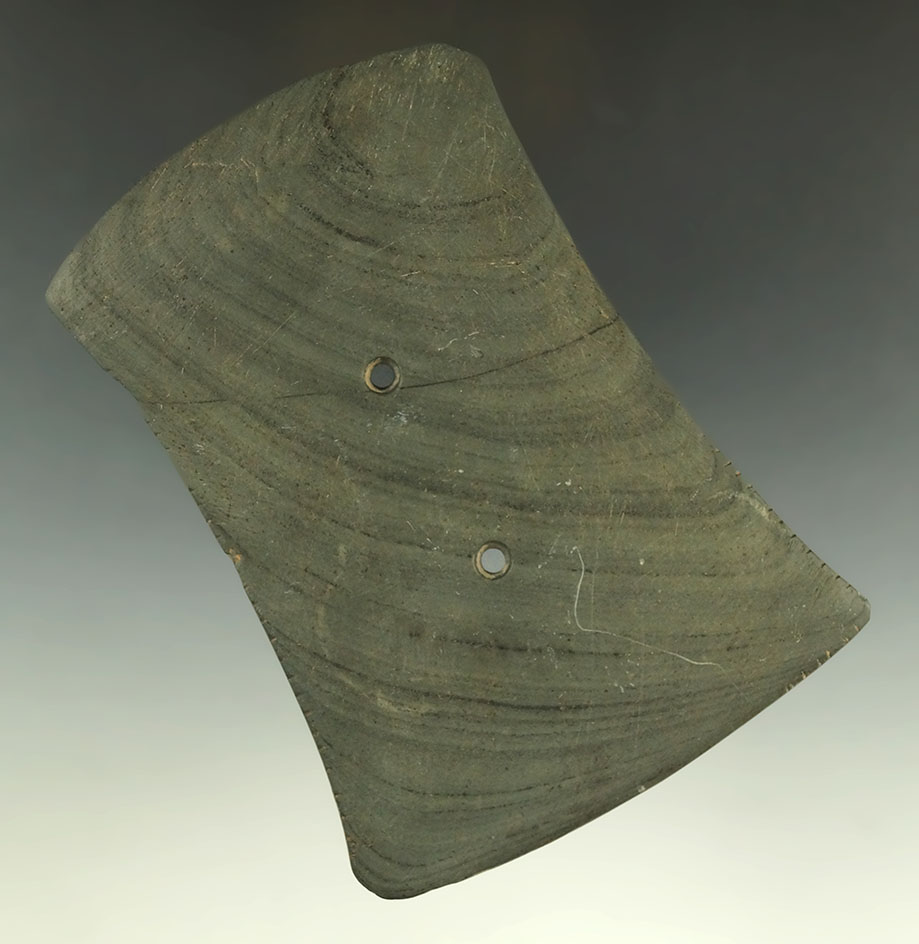 Very thin 5" x 3 5/8" Glacial Kame Flared Gorget that is nicely tallied, Fulton Co., Ohio.