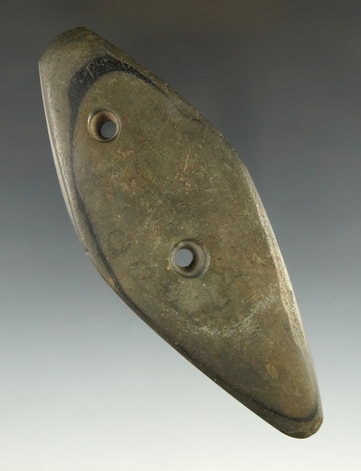 4 7/16" Glacial Kame Sandal Sole Gorget found in Wood Co., Ohio. Ex. Mike Kiel, #1994/MK.
