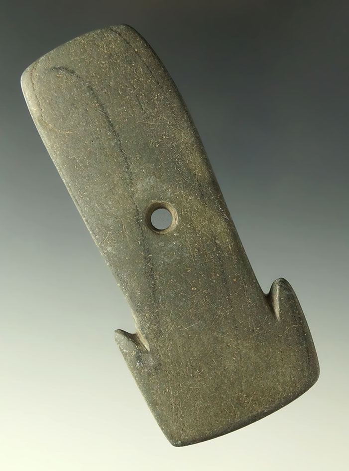 3 13/16" Hopewell Banded Slate Shovel Pendant found in Crawford Co., Ohio. Ex. Doug Hooks.