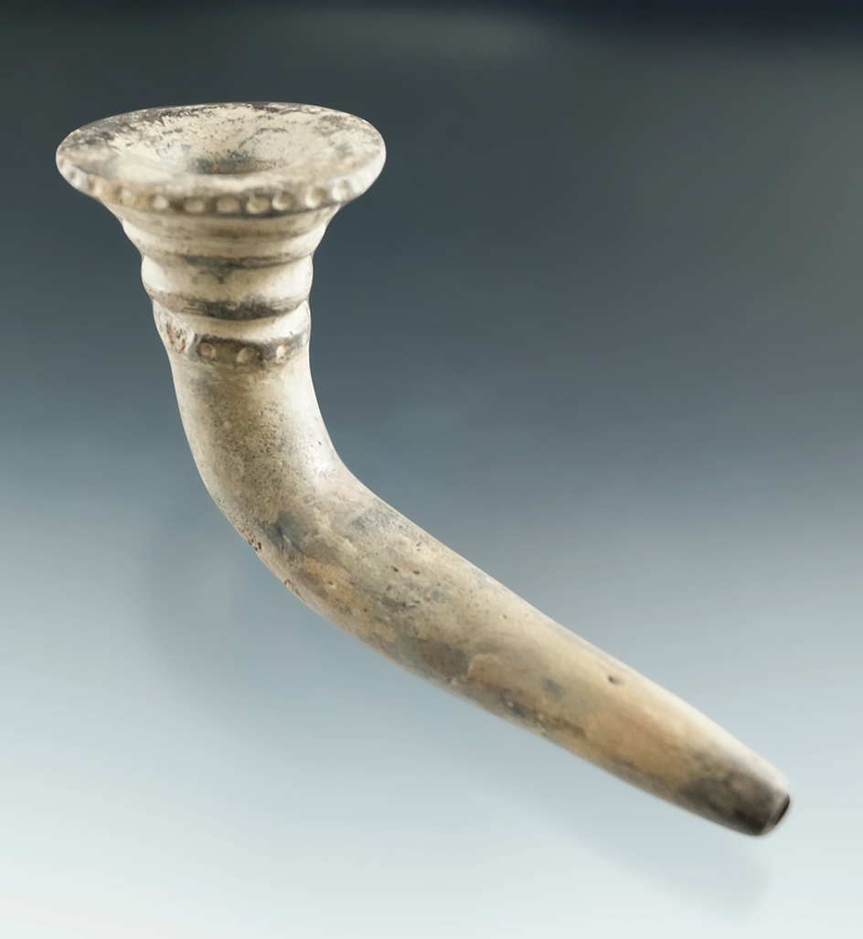 4 5/8" Iroquois clay trumpet pipe with partial restoration of the bowl and part of stem - New York.