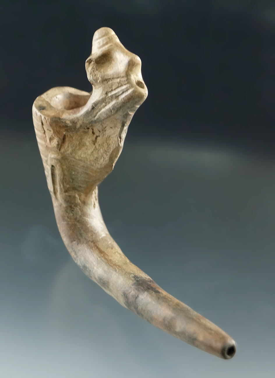 5" Iroquois clay "pinched face" pipe with a mended break of the effigy and the bowl - New York.