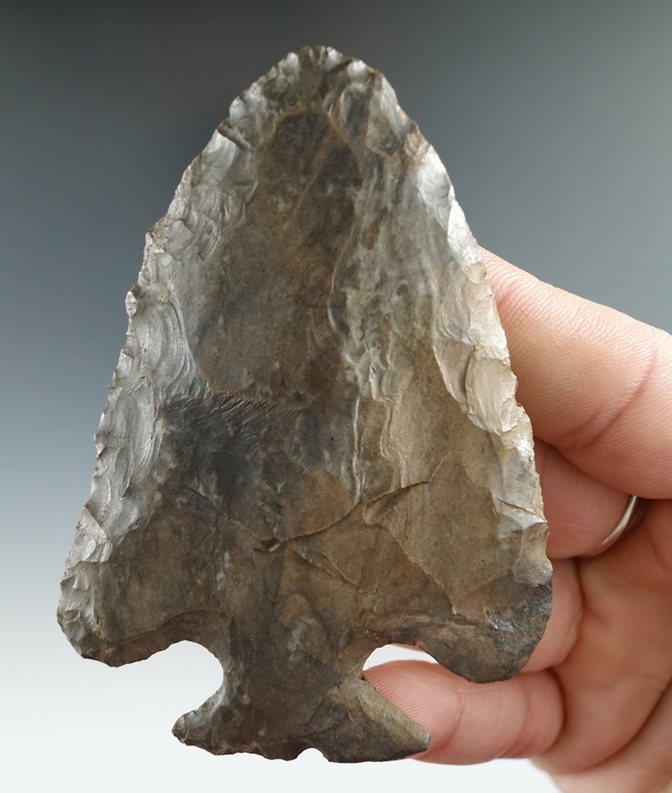 3 1/4" Hopewell made from Onondaga Flint with restoration to one ear and one side of base. NY.